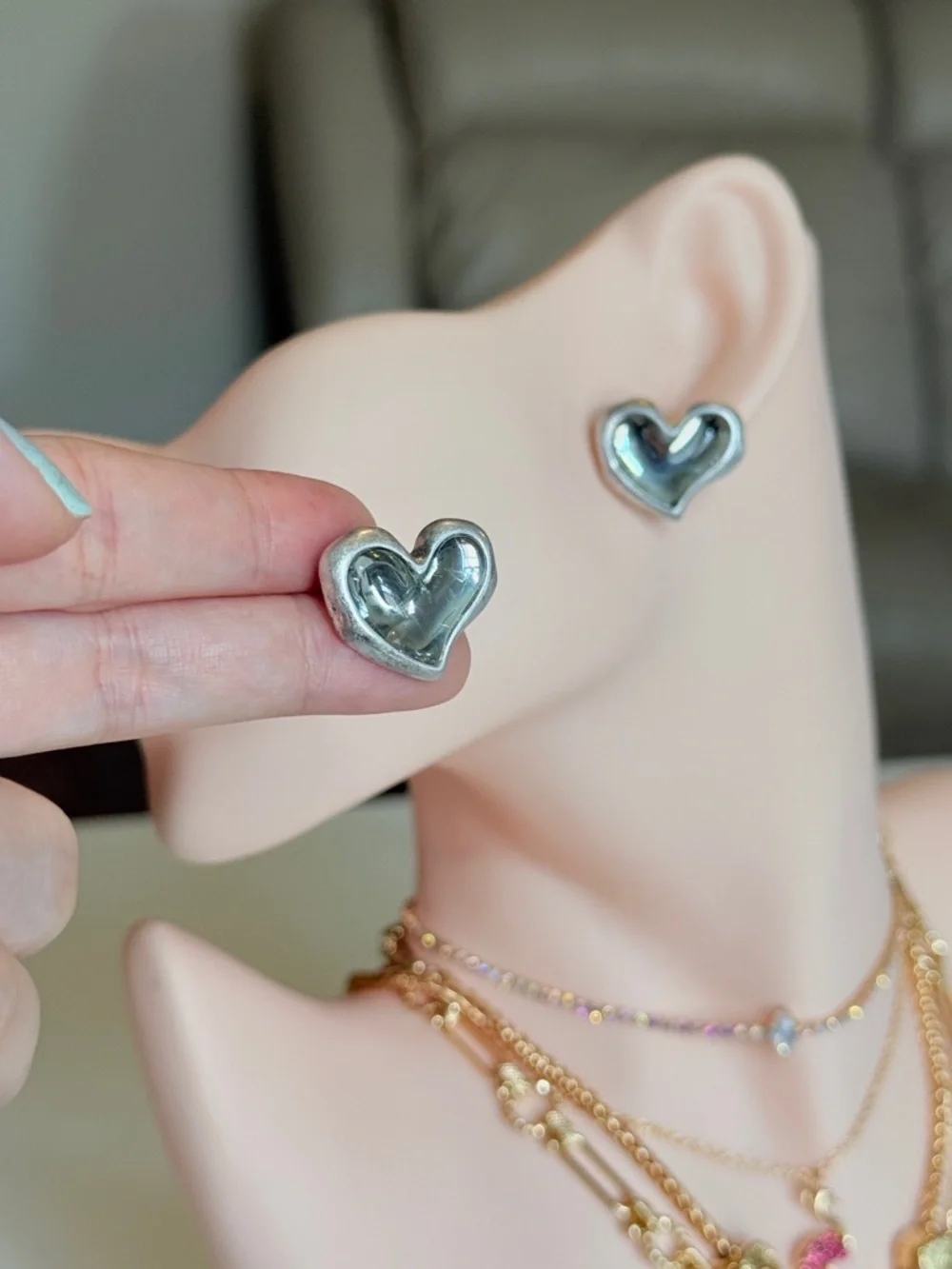 Silver Heart Stud Earrings - Picture 6 of 14